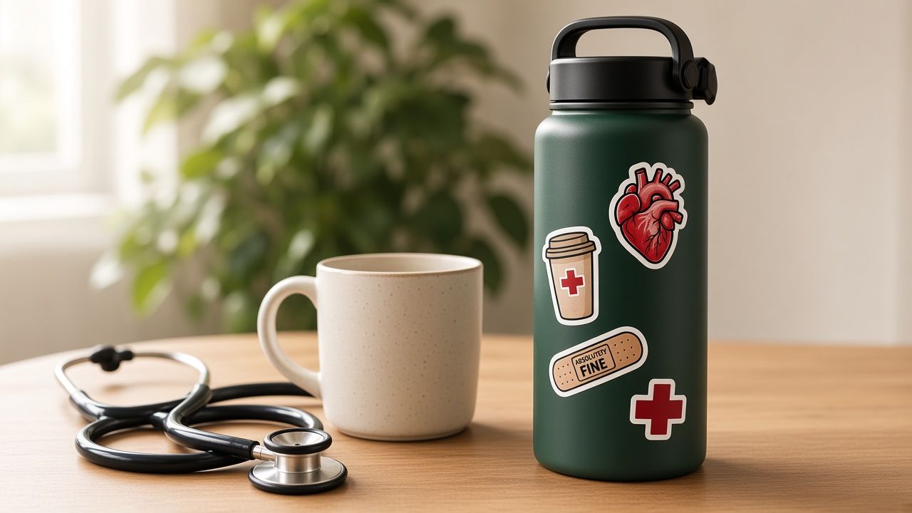 Forest-green water bottle covered in medical stickers, beside a cream mug and a stethoscope on a sunlit wood desk